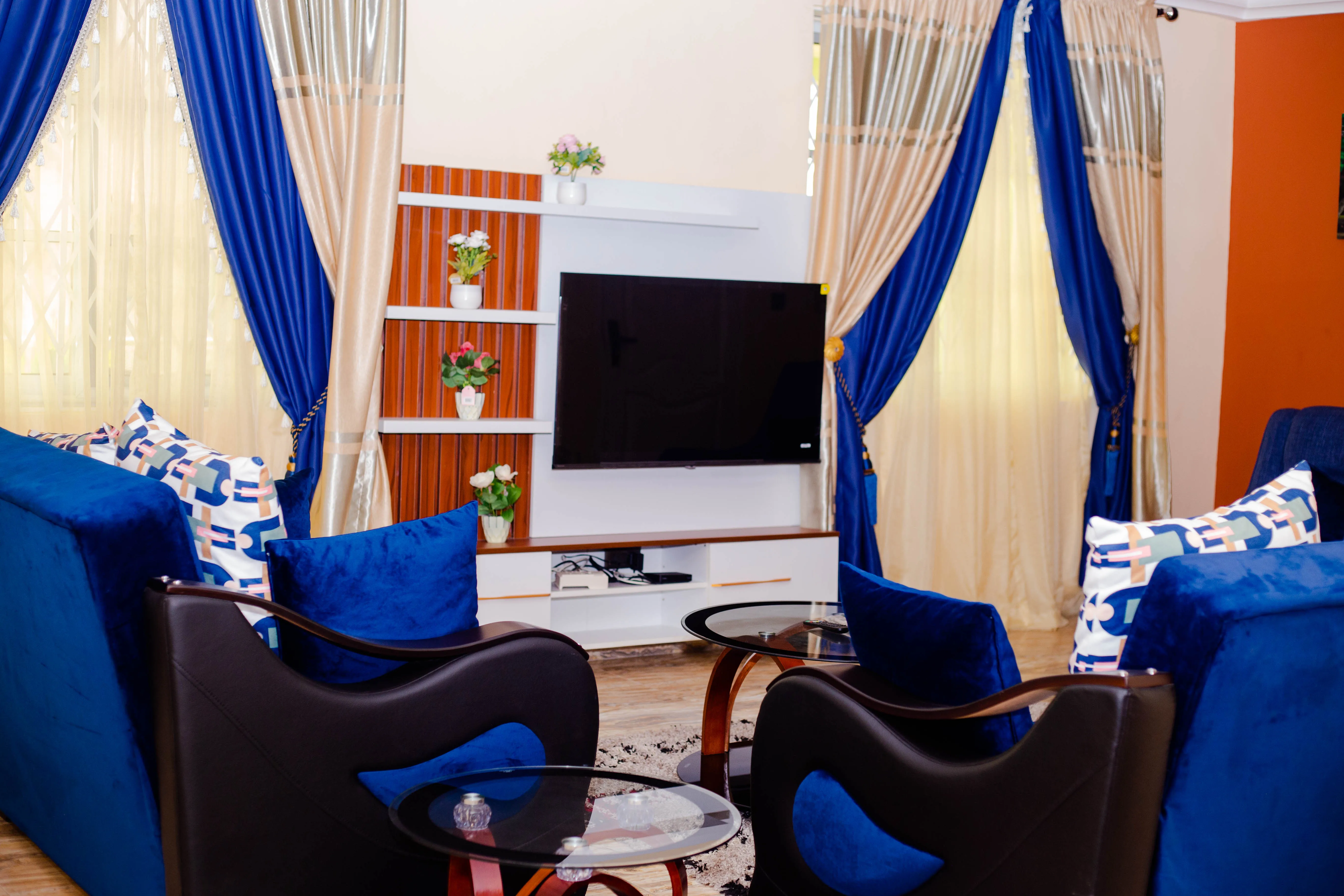 Blue furnished sitting room with television